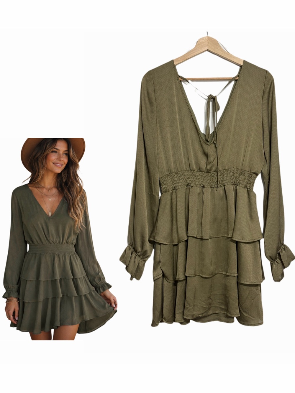 Altar’s State Tiered Ruffle Dress Long Sleeves Olive Green V-Neck Size Medium - Picture 2 of 12
